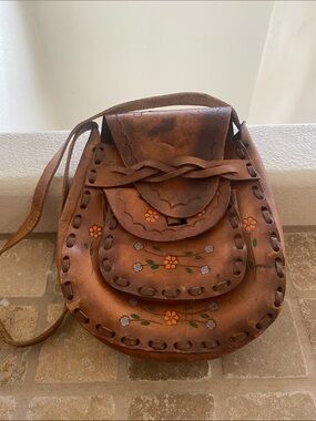 Vintage Brown Leather Shoulder Bag with Hand-Painted Floral Accents